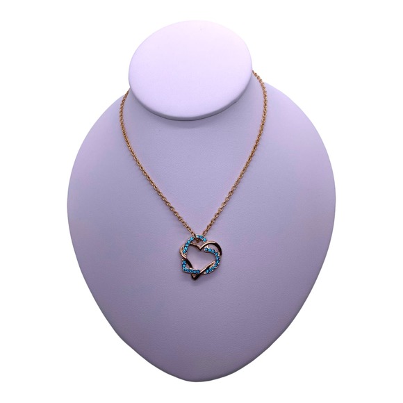 Imitation Yellow Gold BLUE TOPAZ Rhinestone Double Heart Pendant Necklace - Picture 4 of 6